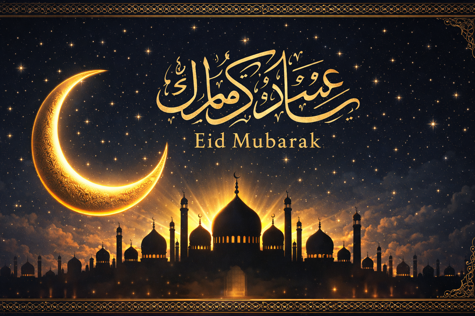 Grand golden crescent moon above silhouetted mosque skyline with minarets and domes, dark midnight blue sky with stars, ornate Arabic calligraphy reading Eid Mubarak in gold, Islamic geometric border -- HD wallpaper